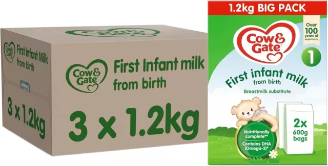 Cow & Gate 1 First Infant Baby Milk Powder Formula, from Birth, 1.2K (Pack of 3