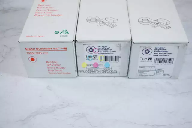 3 OEM Ricoh HQ7000, HQ9000 Duplicator Ink Type VII Navy (613714) & Red (893233)