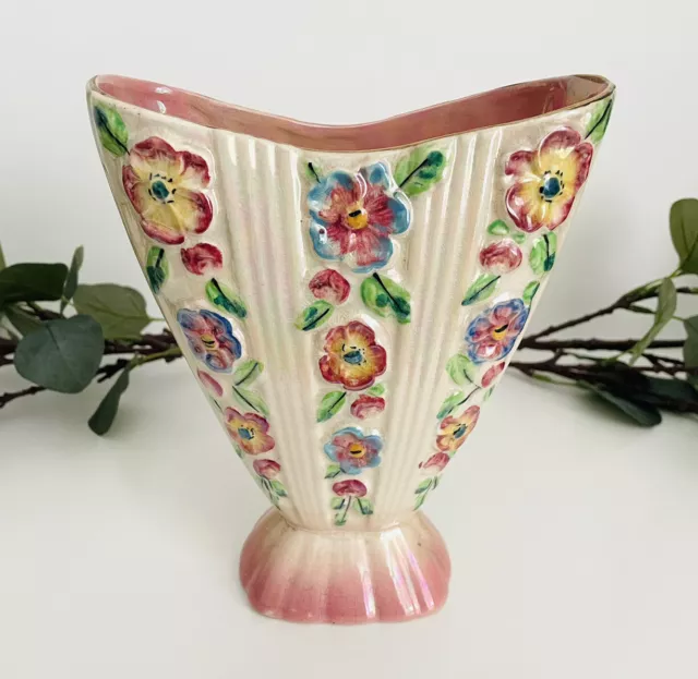 Vintage 1950s Arthur Wood Mantle Vase Pink Floral Lustreware Planter England