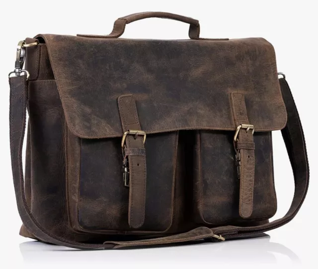 KomalC 18"  Leather Briefcase Laptop Messenger Bag/Brown/Distressed