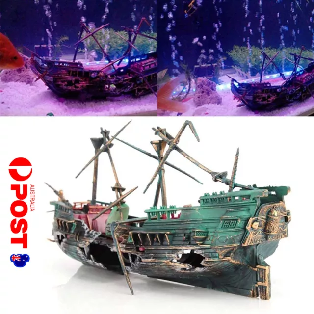 Fish Tank Ship Wreck Boat Sunk Destroyer Aquarium Cave Ornament Decor +