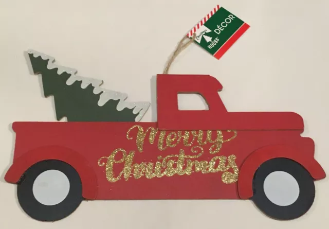 Merry Christmas Farmhouse Red Pickup Truck Sign Wall or Door Hanging