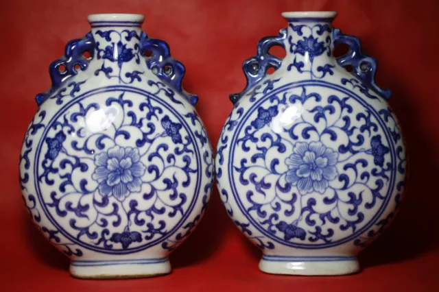 1pair Rare Antique fine Chinese beautiful Blue and white Porcelain flat Vase 2