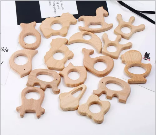 12x Beißringe aus Holz in verschiedenen Formen Schnuller Ring Baby Spielzeug