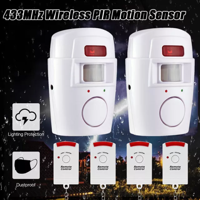 2x Wireless PIR Bewegungsmelder Alarm Haus Alarmanlage mit 4 Fernbedienung 105dB