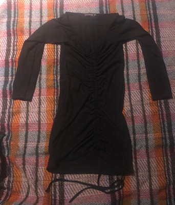 Pretty Little Thing Size 14 Black Velvet Bardot Long Sleeve Ruched Bodycon Dress