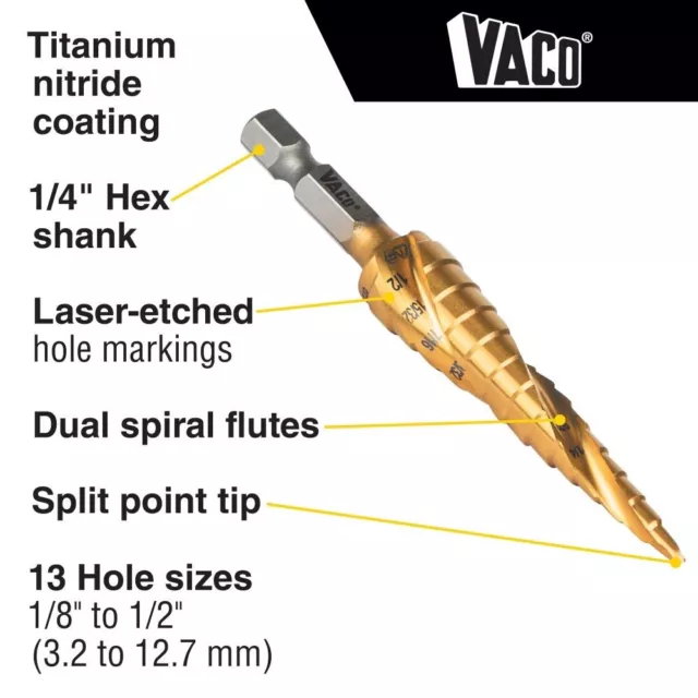 Klein Tools 25964 Step Drill Bit, Spiral Double-Fluted, 1/8" to 1/2", VACO 2