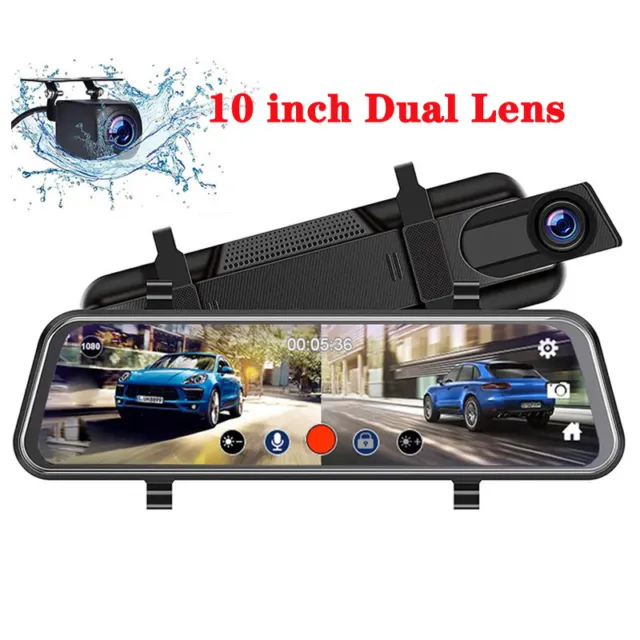 HD Dual Lens Car Dash Cam 10" Rear View Mirror Backup Camera WIFI DVR Recorder