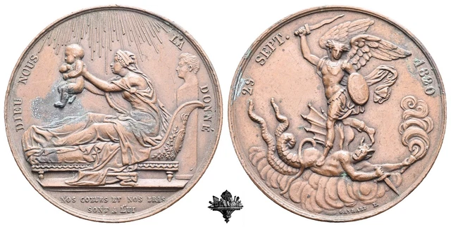 Médaille De Naissance : Enrico Di Borbone Francia 1820 - Saint Michel Archange - Bronze, 38mm