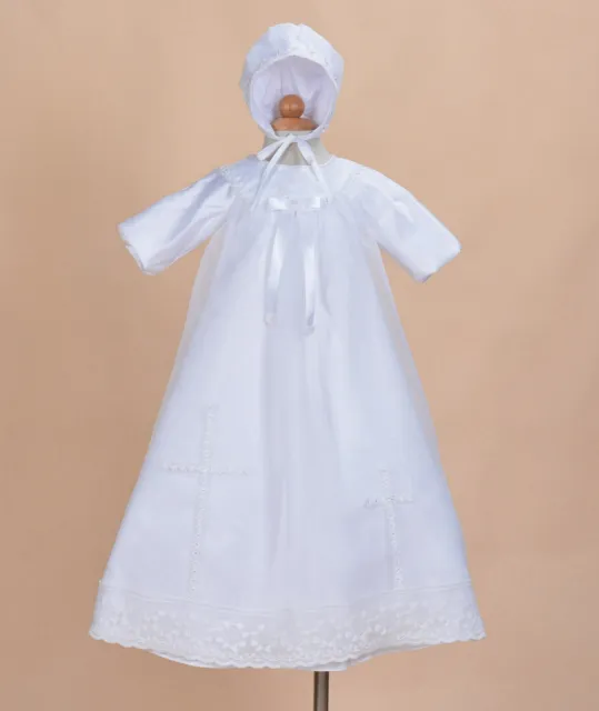 Traditional White Satin Long Christening Gown with Bonnet 0 3 6 9 12 Months