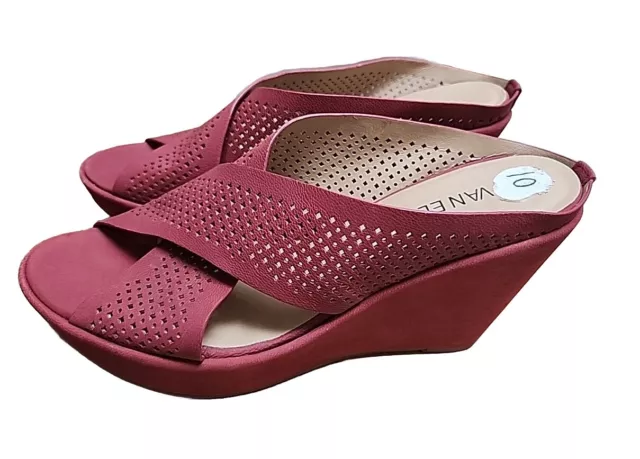 VAN ELI Open Toe Wedge Sandal Perforated Leather Red Women's Size 10N  New