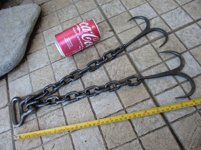 Antique Wrought Iron 2 Double Hook With Chain Hanging Kitchen Rustic Farm Tool 2