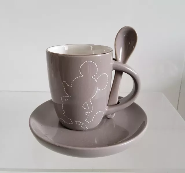 Official Disneyland Paris Mickey Mouse Silhouette Small Grey Cup Saucer & Spoon