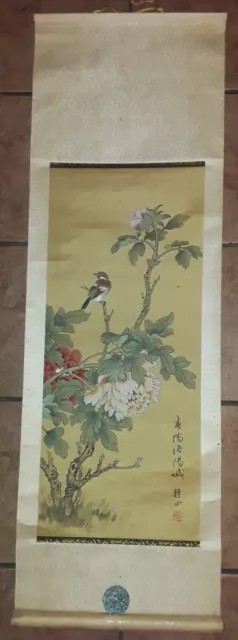 Vintage Chinese Silk Scroll Hanging Painting Flower & Bird Art 15" x 50"