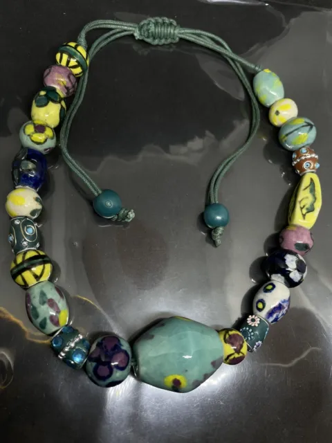 Vintage ceramic multicolor floral pattern beads rhinestones Adjustable necklace