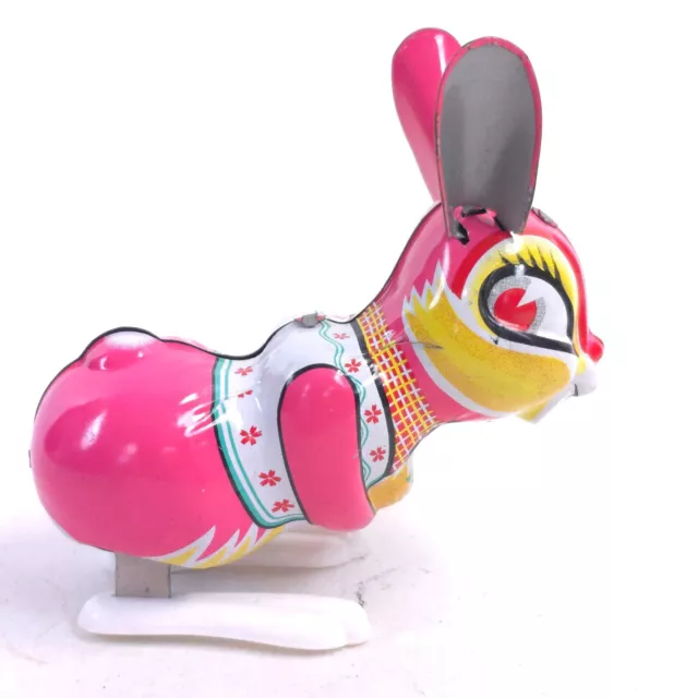 Vintage JAPAN Tin Litho Hopping Pink Easter Bunny Rabbit Works 3
