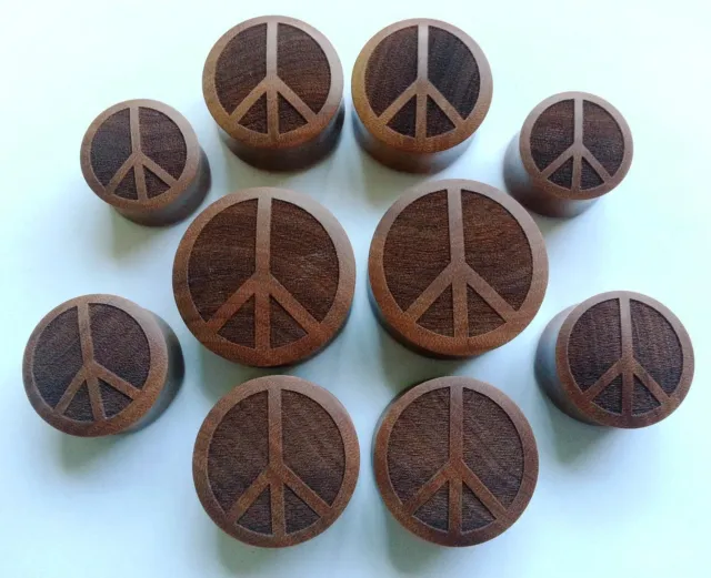1 Pair ORGANIC Handmade Peace Sign Symbol Saba Wood Saddle Ear Plugs Taper Gauge