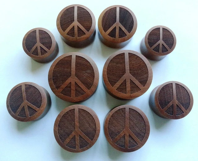 1 Pair ORGANIC Handmade Peace Sign Symbol Saba Wood Saddle Ear Plugs Taper Gauge