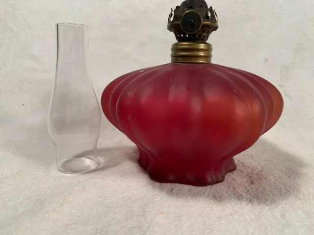 Vintage Dark Ruby Red Frosted Ribbed Miniature Glass Oil Lamp w/ Chimney