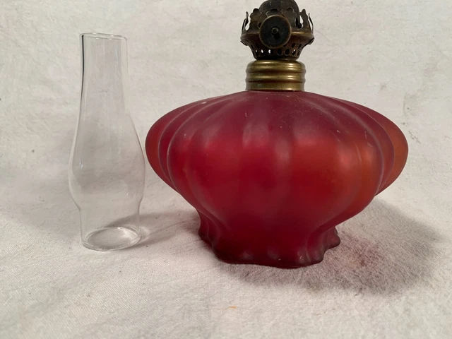 Vintage Dark Ruby Red Frosted Ribbed Miniature Glass Oil Lamp w/ Chimney
