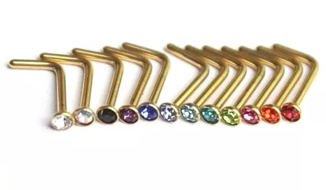 1 / 10pc GOLD Nose Stud 2mm Gem L Shape Bent Body Piercing Bar Ring Crystal Bulk