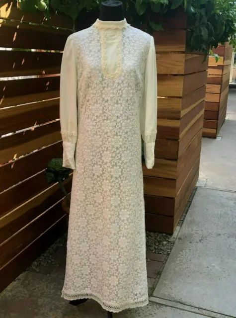 1970 Wedding Gown Ivory Satin Dress Floral Lace Overlay Crochet Hem Long Sleeve