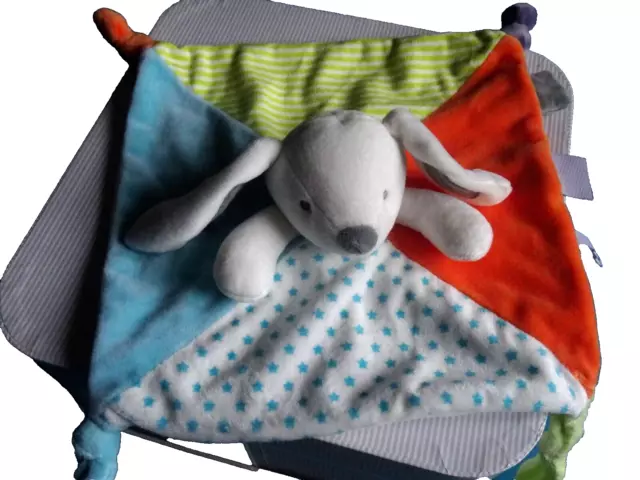 Doudou Lapin Obaïbi Carre 28 Cm Orange Bleu  Blanc Et Anis Brode Etoile