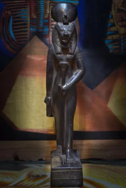 statue of Goddess Sekhmet black standing Large solid heavy ancient Egypt altar.