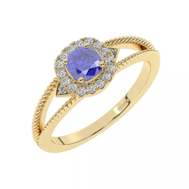 8MM Claw Set 100% Natural Round Diamond & Blue Sapphire Halo Ring 9K Yellow Gold