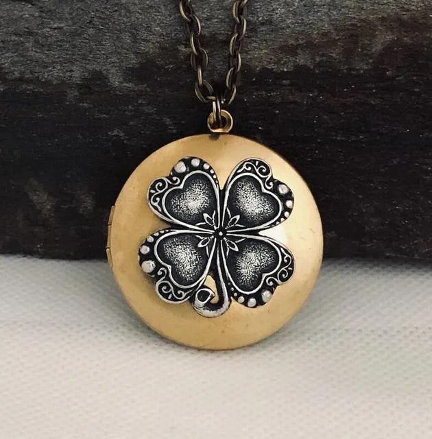Shamrock 4 Leaf Clover Vtg Locket Necklace Scottish Celtic Pill Stash Box