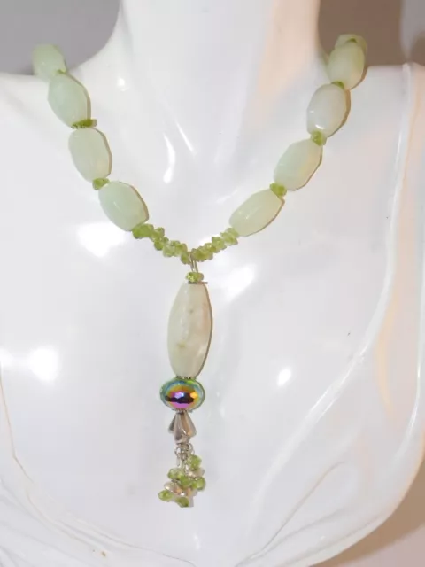 Vintage New Jade Green Peridot Quartz Chunky Bead Strand 17" Necklace 3f 36