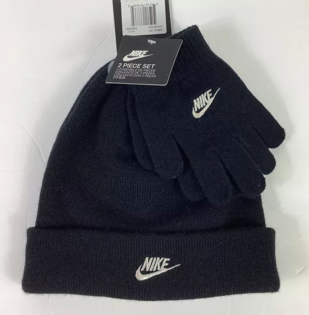 Nike Youth Girls Beanie And Glove 2-Piece Set—Black With White Logo- New!
