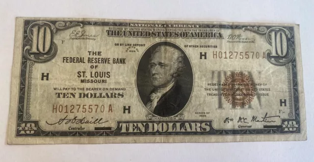 1929 $10 Ten Dollar US National Currency Note-FRB of St. Louis- NICE LQQK