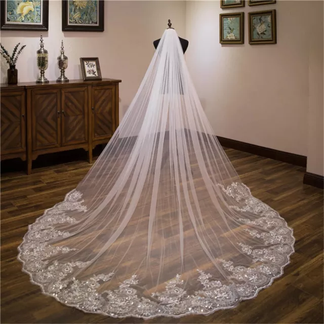 Wedding Veil Lace Edge Long Luxurious Bridal Veil  Comb Cathedral One-Layer 3M