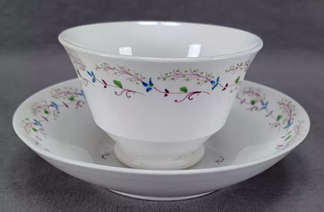 British Hand Enameled Blue & Purple Floral Bone China Tea Bowl & Saucer