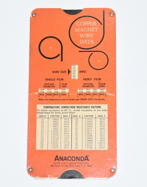 VINTAGE SLIDE CHART Anaconda Wire & Cable Co Copper Wire Data