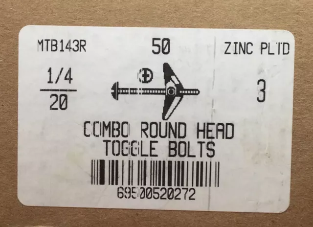 MS&S  MTB143R Zinc Pltd Combo Round Head Toggle Bolts 1/4/20 BOX OF 50