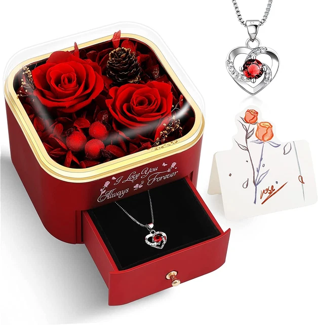 Preserved Red Real Roses with Necklace Gifts for Her - I Love You Gifts for Wome