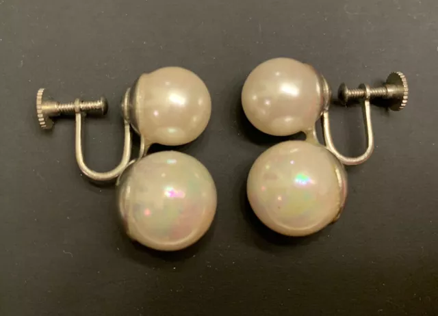 Vintage Japan Iridescent Faux Pearl Screw Back Earrings Estate silver Tone