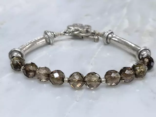 Sterling Silver Beaded Smokey Quartz Brutalist Style Bracelet 8" ~19.3g ~ 9-K605