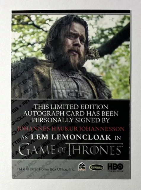 Johannes Haukur Johannesson as Lem GAME OF THRONES Season 6 Autograph Card Auto 2