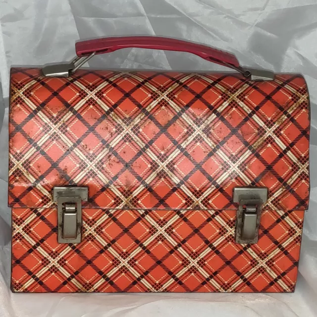 Vtg 1960 PLAID Dome Metal Lunchbox Red White tartan no thermos lunch box