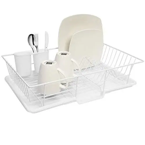 Metal Plasic 3 Piece Dish Drainer Rack Set with Drying Board and Utensil Holder