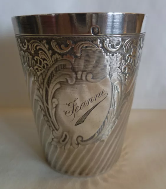 ANTIQUE 19th CEN. 950 SILVER FRENCH CUP SPIRAL PATTERN- ETCHED DESIGN -CARTOUCHE