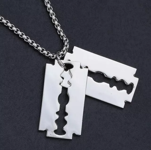 New Double RAZOR BLADE PENDANT NECKLACE Chain Silver Charm Men Dog Tag