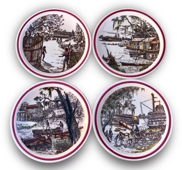 SET 4 Vernon Kilns BITS OF OLD SOUTH 8.5" Plates- Mill, Levee, House Boat, Hunt