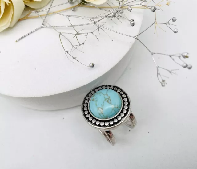 Lucky Brand Antiqued Silver Tone Turquoise Stone Medallion Statement Ring Size 8