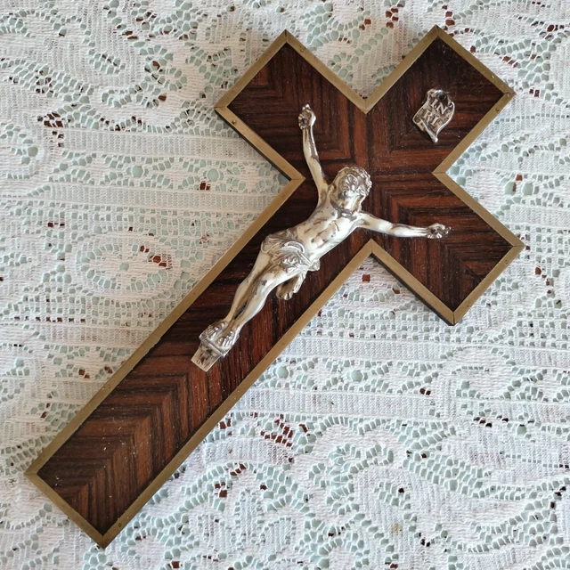 VINTAGE FRENCH CRUCIFIX Wooden Cross Brass Edge Wall Hanging Jesus