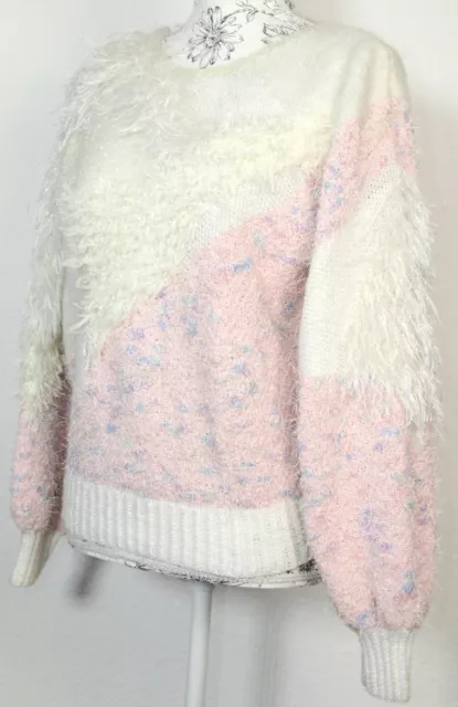 Pullover Knitted Jumper Vintage Handmade White Pink Glitter Fringes Wool 80 90er