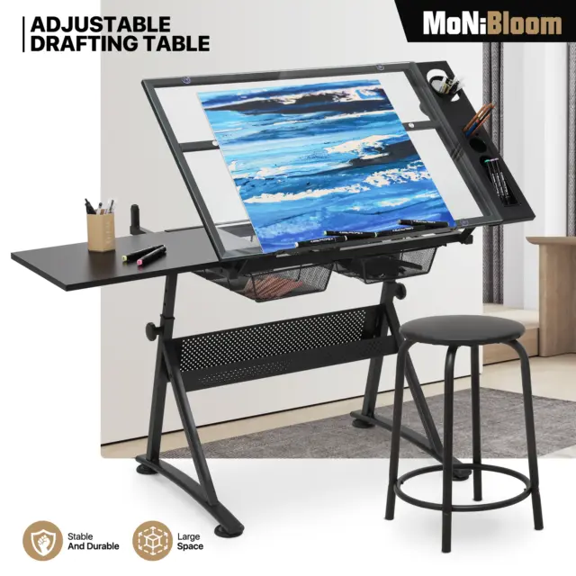 DRAFTING TABLE ADJUSTABLE Tempered Glass Art Craft Drawing Work Station ...